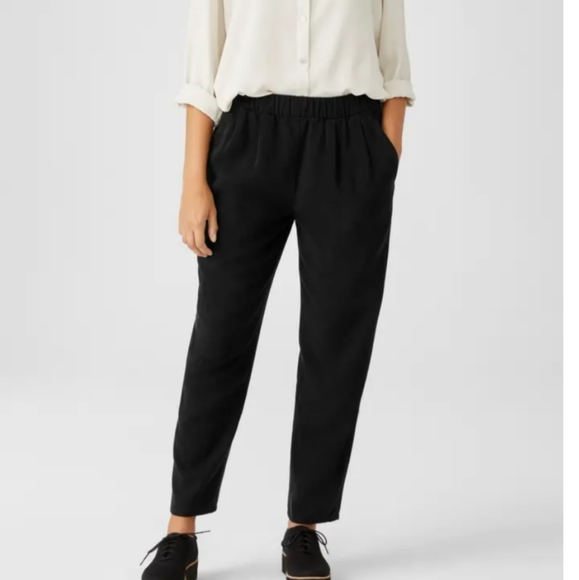 Eileen Fisher Pleated Ankle Black Oraganic Cotton Tencel L XL New Hand Pockets